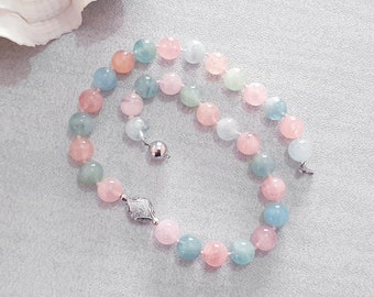 Mix collana di perline Beryl con Morganite & Aquamarine, gioielli con perline di pietra preziosa, pietra di nascita di marzo, regalo per lei, regalo per la moglie