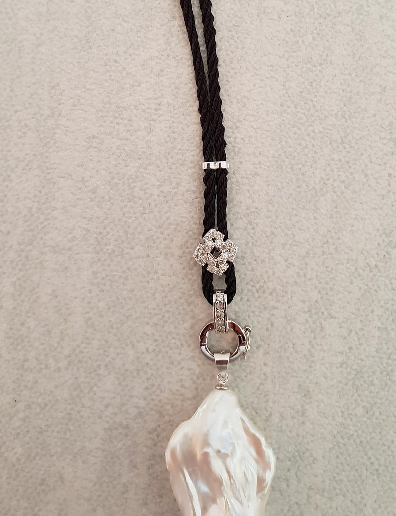 Japanese Cultured Pearl Diamonte Black Cord Jewellery 925 Sterling Silver White Baroque Pearl Pendant Necklace