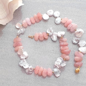 Parelketting Morganiet en Keshi: 14K gold filled sluiting, handgemaakt