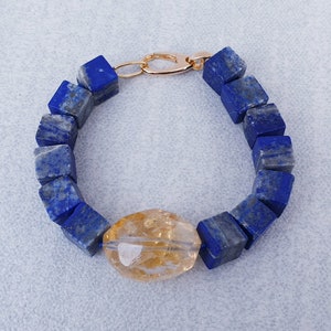 Lapis & Citrine Beaded Bracelet: Sterling Silver Yellow Gold Clasp