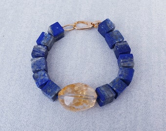 Lapis citrine beaded bracelet quartz gemstone statement jewelry, gift for her,contemporary jewelry, yellow gold, November birthstone
