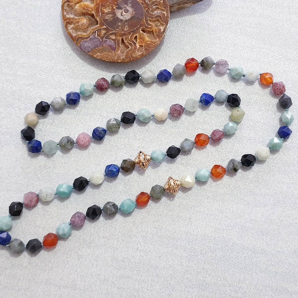 Labrodorite, Quartz fraise, Cornaline, Onyz, Lapis, Amazonite Gemstone Long Collier, Gemstone Perles Bijoux