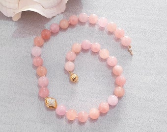 Collana di perline di acquamarina rosa Morganite, pietre preziose ewelry, oro giallo, pietra di nascita di marzo