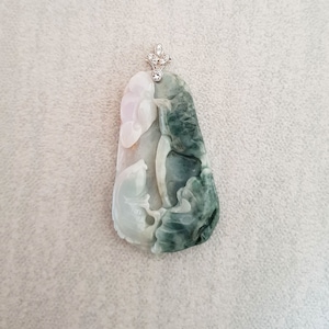 Green Jadeite Jade Fish Carving Pendant Necklace, Grade A/Type A Burma Jade Carving Jewelry, Fish Lotus Leaf