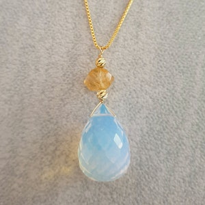 Opalite Citrine Beaded Pendant Necklace, Gemstone Jewelry, November Birthstone, Yellow Gold