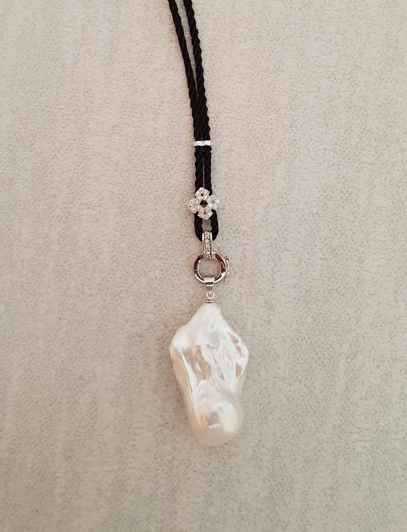 Japanese Cultured Pearl Diamonte Black Cord Jewellery 925 Sterling Silver White Baroque Pearl Pendant Necklace