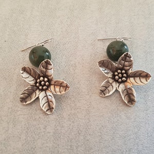 Green Jade flower statement earrings, gemstone beaded drop earrings, gift for her, grade A burma jade jewelry,contemporary jewelry