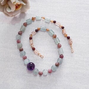 Grüner Aquamarin Roter Turmalin Amethyst Gold Rutilquarz Perlen Halskette,Gelbgold, Februar März Geburtsstein