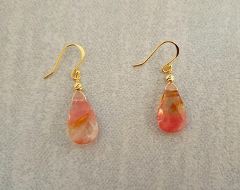 Strawberry quartz drop earrings, gemstone beaded statement earrings, gift for her, contemporary jewelry, yellow gold