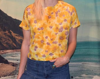 Vintage 50s/60's yellow floral cropped blouse Sz S