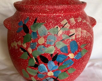 Antique Cookie Jar RRP Company Roseville Ohio Speckled Red with Handpainted Flowers