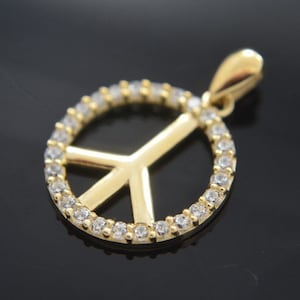 Colgante con símbolo de la paz en oro amarillo de 14 k, collar con dije de piedra de circonita, Medalla de amor, Oro Real
