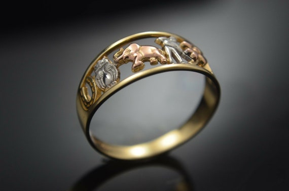 New Good Luck 14k Gold Ring Tri Tone Lucky Band Anillo Suerte Oro Real ANY  Size Elephant Thirteen 13 Horse Shoe 