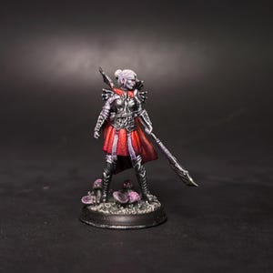 May include: A detailed miniature figure of a female warrior, clad in red and silver armour, holding a large sword. The figure stands on a base with purple mushrooms. The warrior has pale skin and white hair, against a dark backdrop.