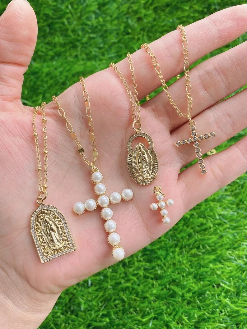 10PCS Pearl Cross Charms for Jewelry Making Gold Virgin Mary Etsy