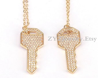 5PCS, Clé CZ Micro Pave Charm Pendentif, Couleur Or Clé Charme, Pendentif clé, Collier clé, Zirconia cubique, Bijoux charme