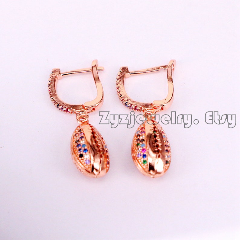 35Pair micro pave rainbow cubic zirconia cowrie shell dangle charm earring in 4 colors
