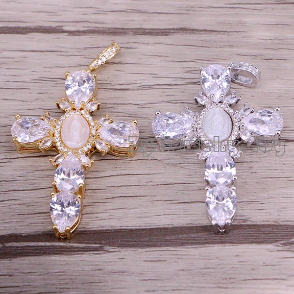 3/5/10PCS, Clear CZ Gold / Silver Plated Cross Pendant, Jesus Shell Pendant, Cross Charm Pendant, Crystal Zirconia Cross Jewelry