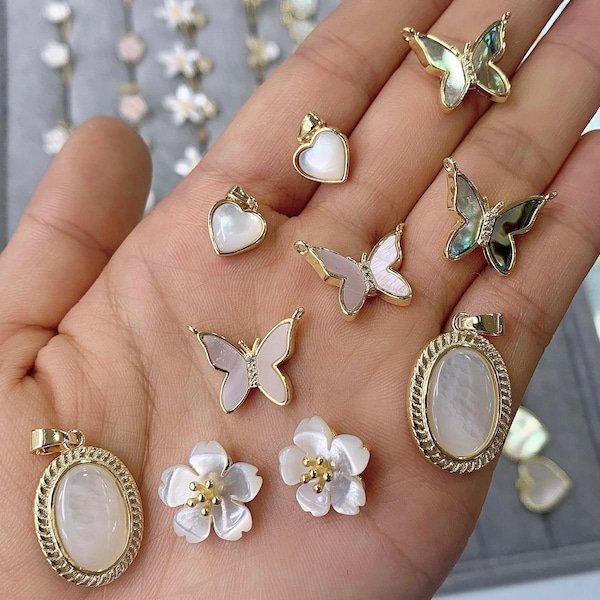 10PCS, Cute Heart Charm, Hamsa Hand / Flower Charm, Mother-Of-Pearl, Oval / Butterfly Shell Pendentif, Collier Bracelet Earring Component