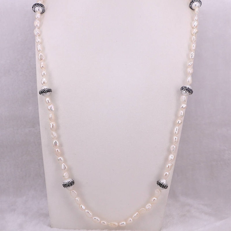 Handmade Fashion Women Natural Freshwater Pearl Chain Necklace Pearl Stone Rhinestone Paved Beads Jewelry