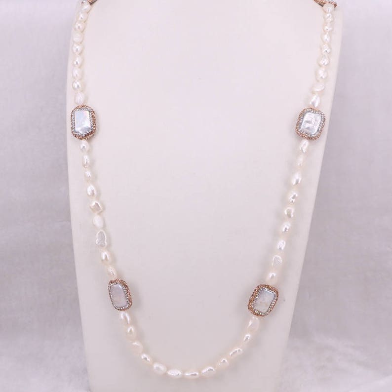 Handmade Fashion Women Natural Freshwater Pearl Chain Necklace Pearl Stone Rhinestone Paved Beads Jewelry