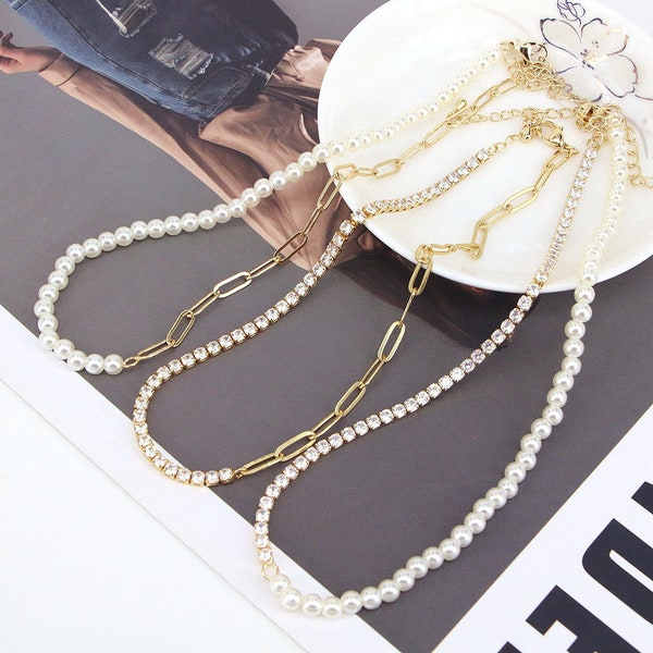 5PCS, Gold CZ Chain Necklace For Women, Tennis Necklace, Pearl Shell Choker Necklace, Layering Necklace, Gift For Her