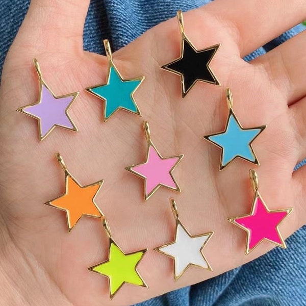 10PCS, Pendentif étoile en émail doré plaqué, étoiles de couleur néon arc-en-ciel, pendentif Love Neon Mix Star, 19 * 20mm