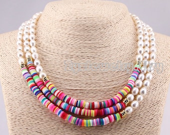 5PCS, New Colour Boho Natural Fresh Water Pearl Necklace Color Soft Polymer Clay Beads Choker Necklace Beach Femme Jewelry Gift
