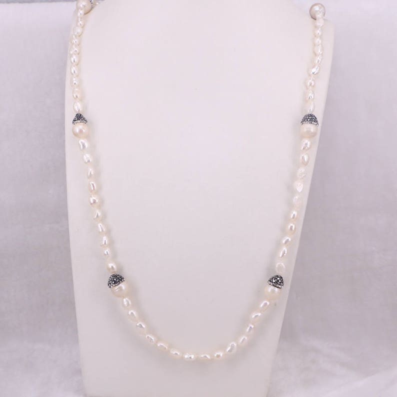 Handmade Fashion Women Natural Freshwater Pearl Chain Necklace Pearl Stone Rhinestone Paved Beads Jewelry