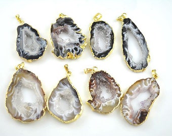 6pcs Nature slice agate pendant, gold electroplate geode agate quartz druzy gemstone pendants