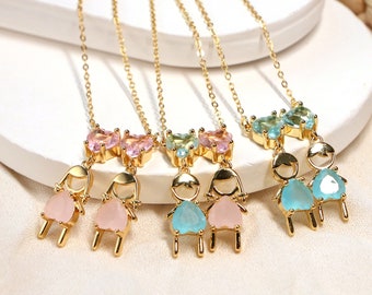 5PCS, Pink Blue Crystal Girl Boy Necklaces for Family Heart Jewelry Copper Gold Plated Figure Necklaces Couple Jewelry