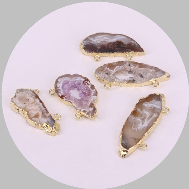 gold electroplate edge geode agate quartz druzy gemstone pendants 5pcs Nature slice agate pendant beads with double bails