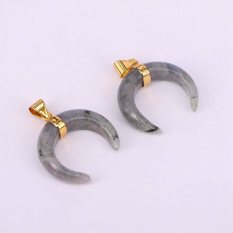 26PCS Natural crescent labradorite double horn pendant labradorite crescent horn druzy pendant with gold color bail