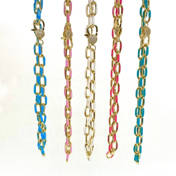 3-5PCS, Enamel Multicolor Necklace, Link Chain Necklace, Gold CZ Pave Clasp Necklace, Oval Link Chain, Neon Necklace, Layering Necklace