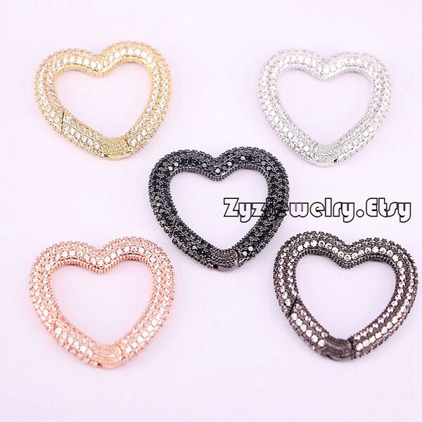 2-10PCS, Heart Clasp CZ Micro Pave, Interlocking Carabiner Clasp, Cubic Zirconia Heart Shaped Clasp, Unique Jewelry Clasps