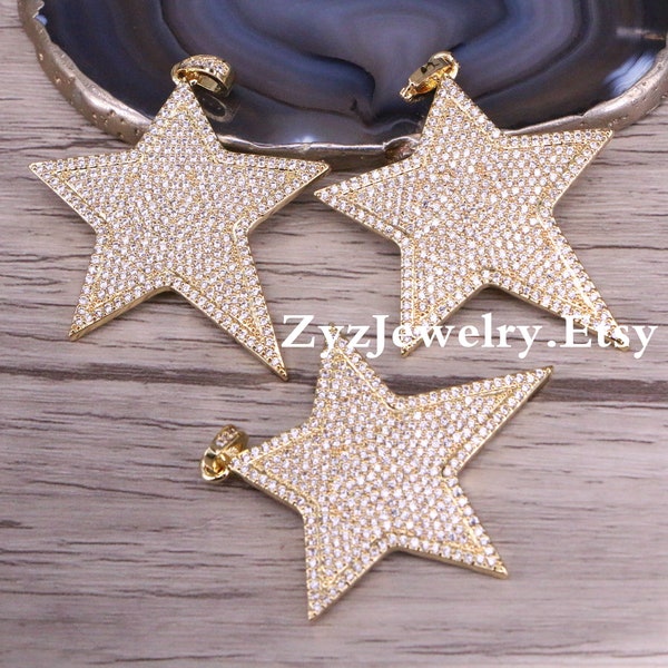 3/5PCS, CZ Micro Pave Star Pendant, Gold plated Cubic Zirconia Star Pendant Charm for Necklace Making Findings