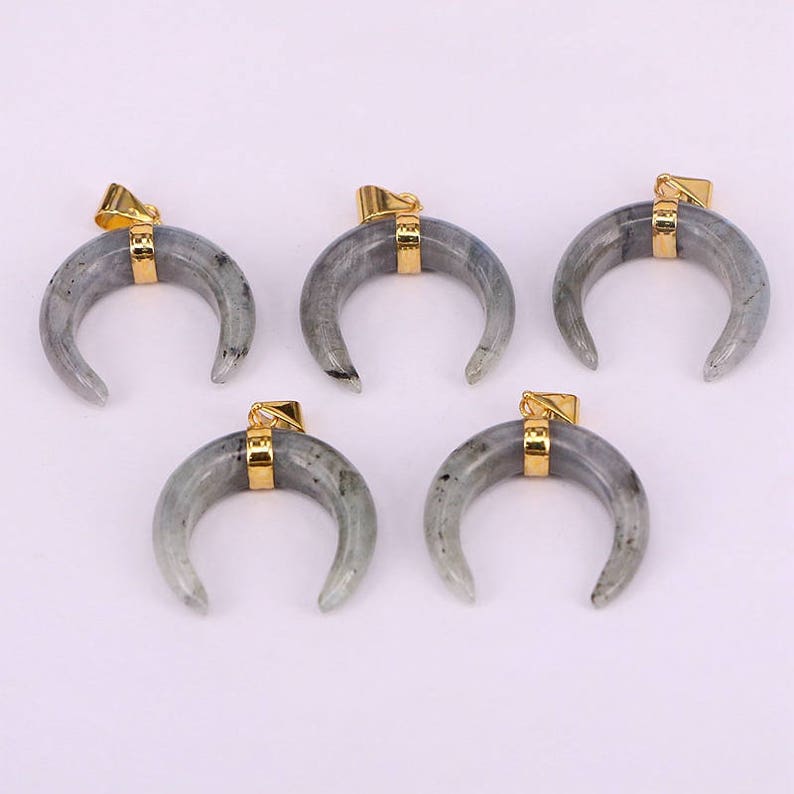 26PCS Natural crescent labradorite double horn pendant labradorite crescent horn druzy pendant with gold color bail