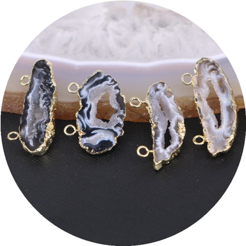 gold electroplate edge geode agate quartz druzy gemstone pendants 5pcs Nature slice agate pendant beads with double bails