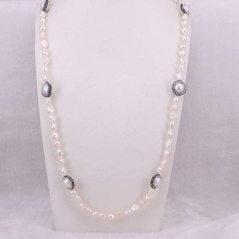Handmade Fashion Women Natural Freshwater Pearl Chain Necklace Pearl Stone Rhinestone Paved Beads Jewelry