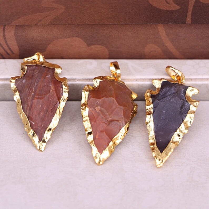26pcs Small Size Naural Rough Arrowhead Jasper Pendant Gold plated edge gemstone arrow point druzy pendant