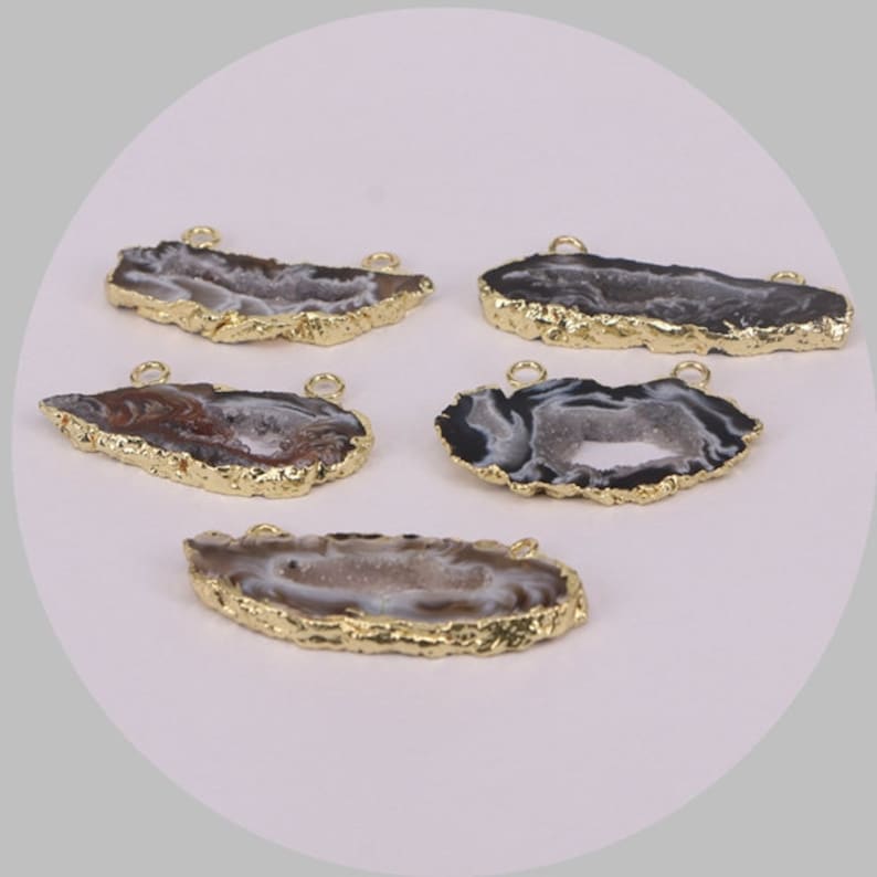 gold electroplate edge geode agate quartz druzy gemstone pendants 5pcs Nature slice agate pendant beads with double bails