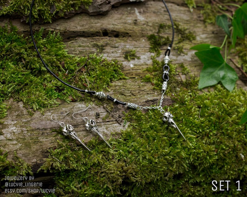 Pagan necklace and earrings with bird skulls