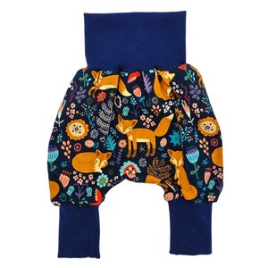Children&#39;s trousers, bloomers, baby trousers for boys/girls - trousers for babies and children 50-56, 62-68, 74-80, 86-92, 98-104, 110-122 - foxes dark blue
