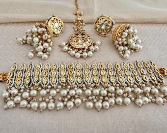 Indian wedding Bollywood Kundan Polki Pearl Fringe Statement Bride Bridal Choker Jhumka Earrings Mangtika Necklace Set Jewelry Jewellery