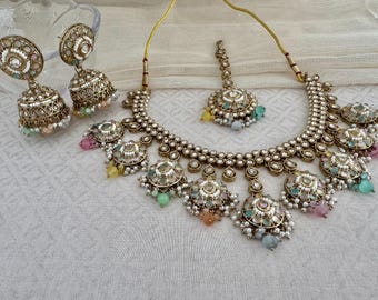 Bridal Jewelry Set: Antique Gold Necklace, Jhumka Earrings & Mangtika