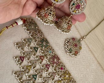 Navratan Choker Necklace Set: Antique Gold, Fringe Tassel, Jhumka Mangtika