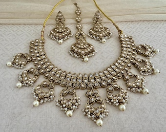 Antique Gold Polki Bridal Jewelry Set: Indian Pakistani Choker Necklace Earrings Mangtika