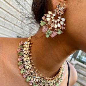 Antique Gold Indian pakistani wedding mirror kundan choker necklace earrings pearls jewelry Jewellery set, gifts for her