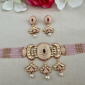 Indian Pakistani wedding Blush pink Kundan Meenakari Ruby Pearl Gold plated Lightweight Bollywood choker necklace earrings jewelry Jewellery