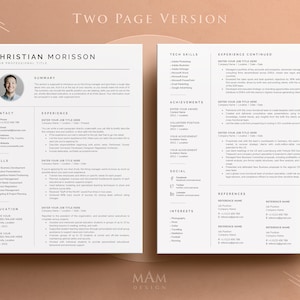 May include: A two-page resume template with a professional design. The resume includes sections for contact information, skills, experience, education, achievements, social media, interests, and references. The template is designed to help job seekers create a visually appealing and informative resume.
